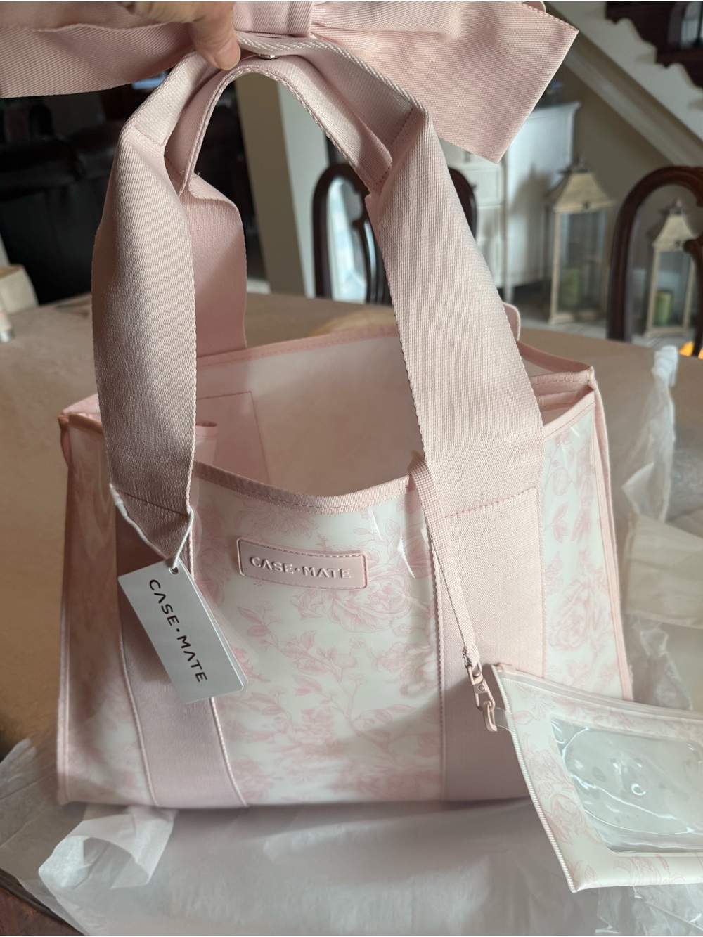 Case-mate Pale Pink Floral Tote with Bow Handles. Afternoon Rose - Picture 3 of 3